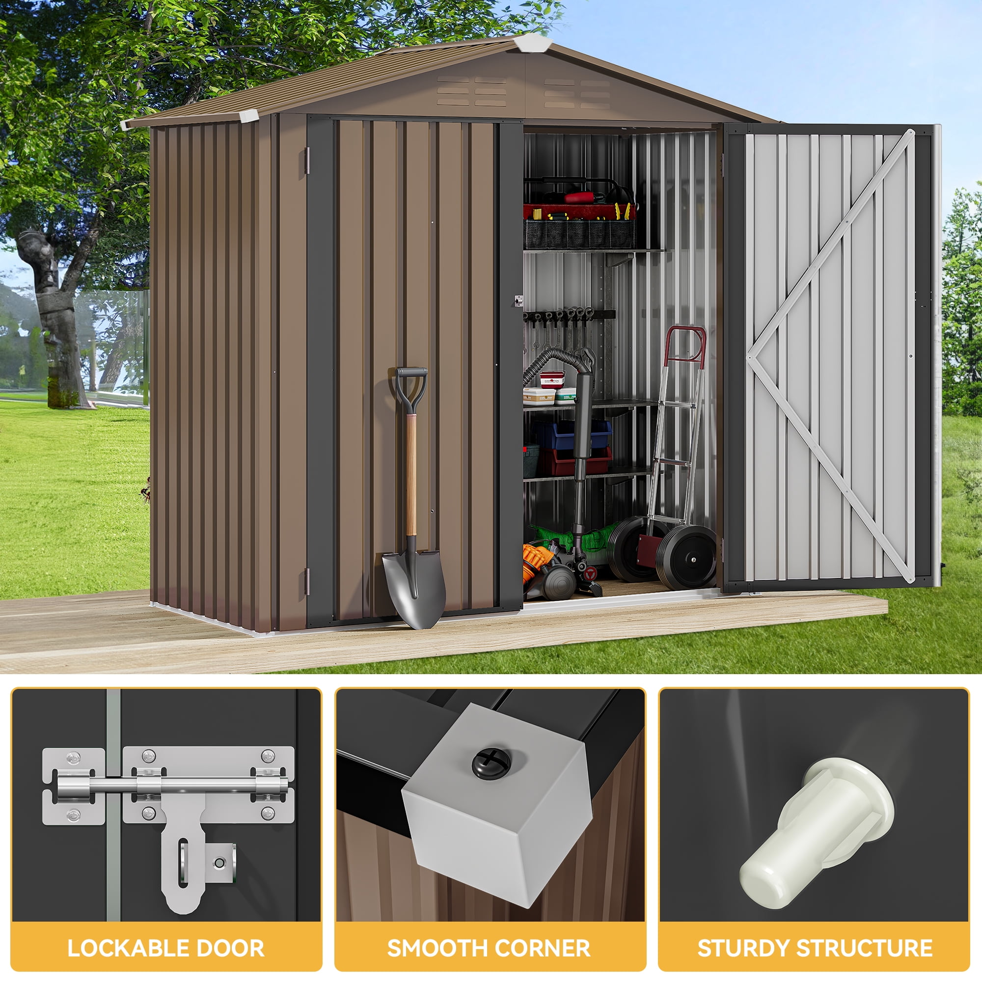 Uforic 6' x 4' Outdoor Metal Storage Shed, Large Tools Storage Shed with Lockable Double  Doors & Air Vent for Backyard, Patio, Lawn