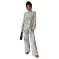 thumbnail image 3 of Domzest Womens 2 Piece Sets Crew Neck Long Sleeve Striped Blouse Matching Elastic High WaistWide Leg Pants Casual Spring Fall Outfits Black S, 3 of 5