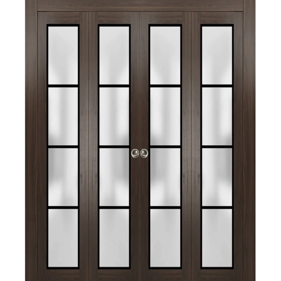 Sliding Closet Double Bi-fold Doors | Planum 2132 Chocolate Ash Frosted Glass | Sturdy Tracks Moldings Trims Hardware Set | Wood Solid Bedroom Wardrobe Doors
