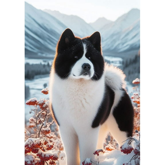 Akita Black Pinto - Best of Breed DCR Winter Berries Garden Flag 12" x 17"