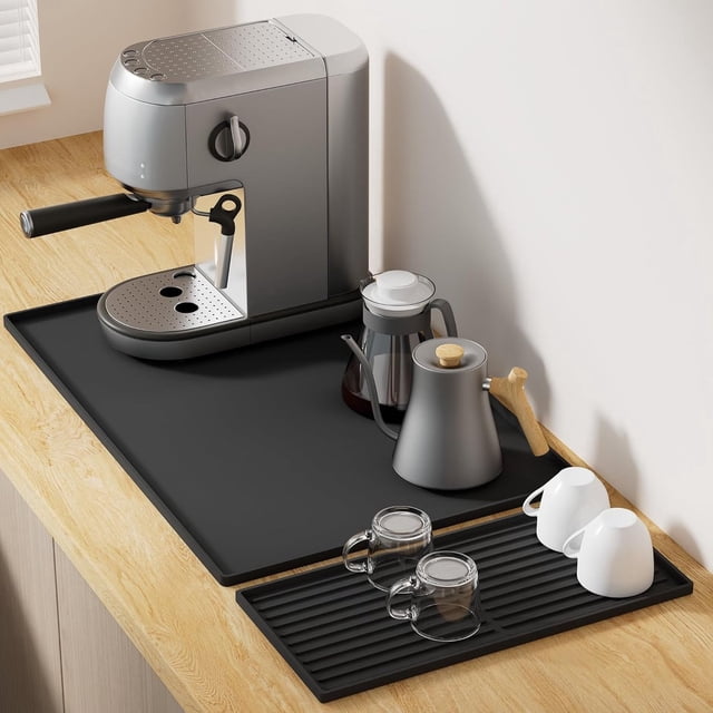 2-In-1 Silicone Coffee Maker Mat - Coffee Mat for Countertops, Kitchen Mat Accessories, Coffee Maker, Dishwashing Mat, Heat-Resistant Kitchen Gadget, Black