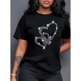thumbnail image 1 of 1 Pce T-Shirt à Imprimé Cœur en Strass Scintillant pour Femmes, Col Rond Décontracté Manches Courtes, Tissu en Polyester, Longueur Régulière, Mode Toutes Saisons, 1 of 7