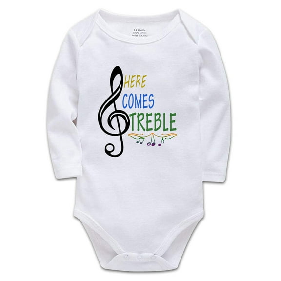 YCICIVDee Baby Bodysuit‘Here Comes Treble’ Baby Funny Music Guitar Drummer Body Suit Gift Present 6-9 Months White Long Sleeve