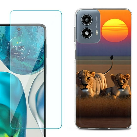 Phone Case for Motorola Moto G 5G 2024, with Tempered Glass Screen Protector, by OneToughShield - Lion Sunset