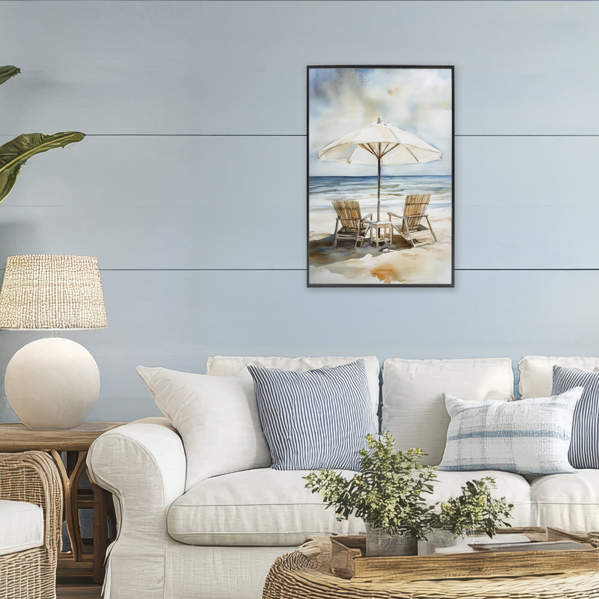 Stupell Industries Watercolor Paradise Beach Scene Black Framed Giclee Art, design by Petal Prints Design