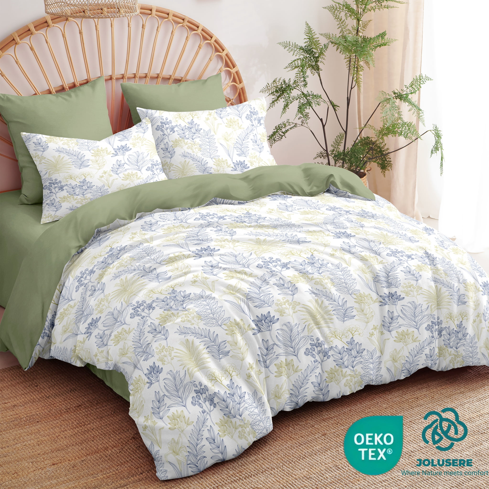 JOLUSERE Ensemble de Housse de Couette Botanique Très Grand, 3 Pcs Réversible Farmhouse Floral Doux Respirant, Vert