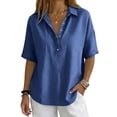 thumbnail image 2 of Women's V Neck Mid Sleeve Button Down Shirt, Soft Breathable T-Shirt Top, Casual Loose Fit Streetwear Blouse for Spring Summer, Festival and Casual Work Shirt-Blue, 2 of 5