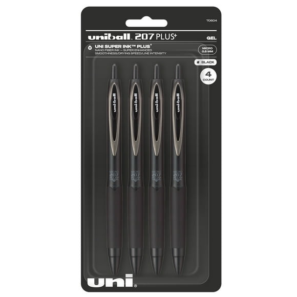 Uniball 207 Plus+ Retractable Gel Pens, Micro Point (0.5mm), Black Barrel, Black Ink, 4 Count