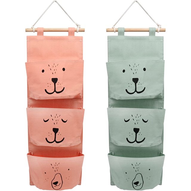 Organizador colgante de 2 piezas con diseño de emoji (verde, naranja), organizador de pared con 3 bolsillos, organizador impermeable de lino para dormitorio, baño, cocina, decoración de almacenamiento