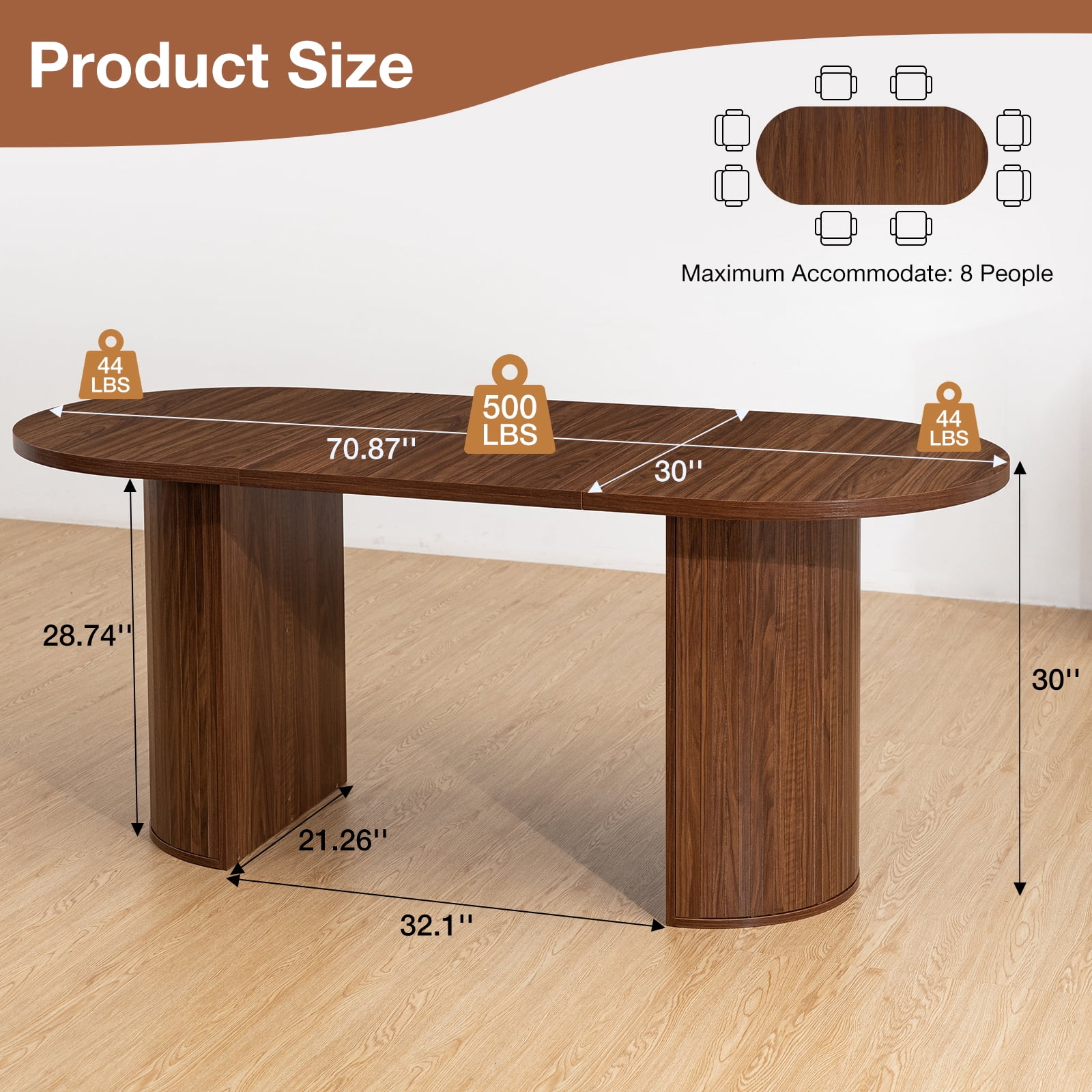 Hommpa 71" Dining Table for 6,Modern Oval Kitchen Table With Wood Strip Base,Long Dining Room Tables for Kitchen Dining Room Living Room,Walnut