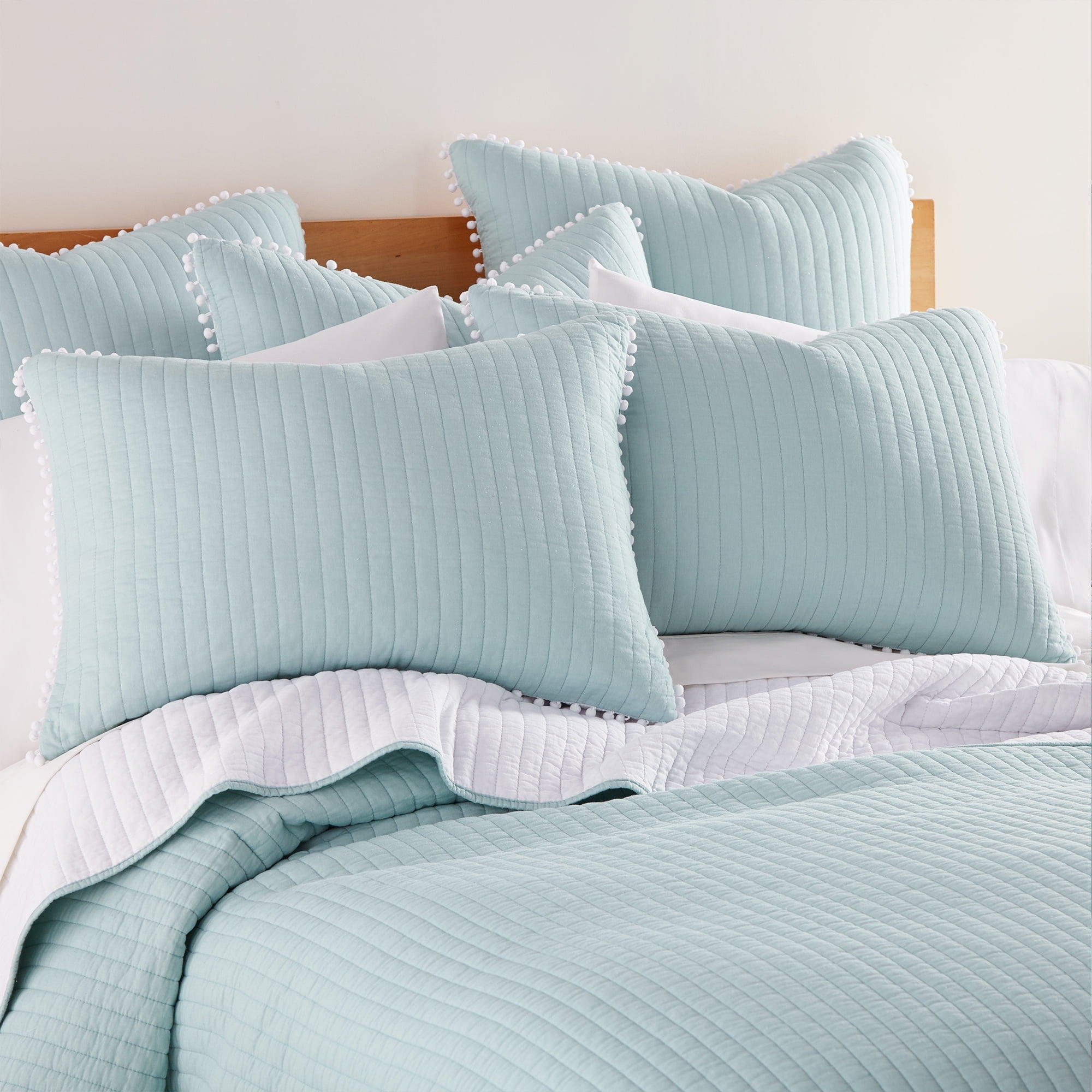 Levtex Home - Pom Pom Quilt - Twin Quilt - Blue Haze - Teal Green - Quilt (68x86in.) - Reversible - Cotton Fabric