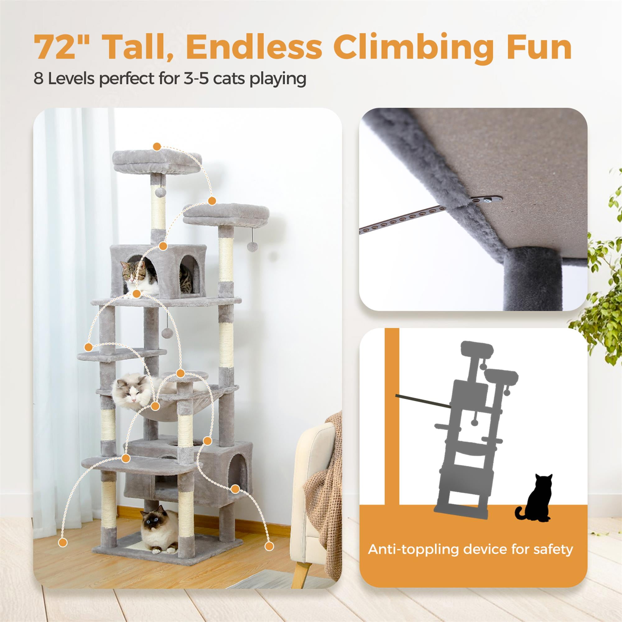 Pefilos 72" Cat Tree Tower for Large Cats, Indoor Cat Condo with Sisal-Covered Scratching Posts and Pads, 2 Padded Perch, Gray Pefilos 72" Cat Tree Tower for Large Cats, Indoor Cat Condo with Sisal-Covered Scratching Posts and Pads, 2 Padded Perch, Gray