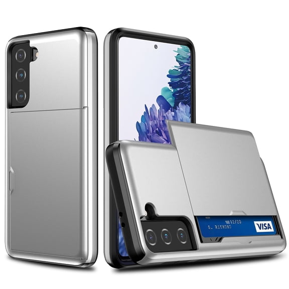 for Samsung S21 FE 5G Case with Card Holder, Slim Dual Layer Heavy Duty Galaxy S21 FE 2022 Wallet Case Hidden Sliding Credit Slot Protective Cover for Men Women, Silver