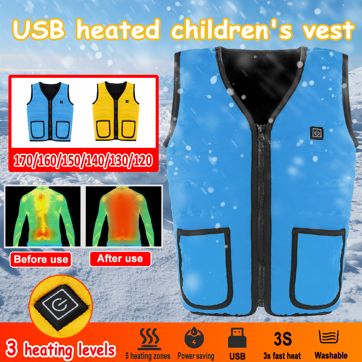 Heated Jacket, Children Kids USB Electric Heating Vest Temperature
