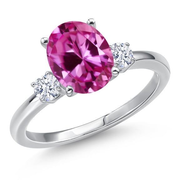 Gem Stone King 14K White Gold Pink Created Sapphire and White Zirconia Engagement Ring for Women | 3.47 Cttw | Oval 10X8MM | Gemstone September Birthstone | Size 8