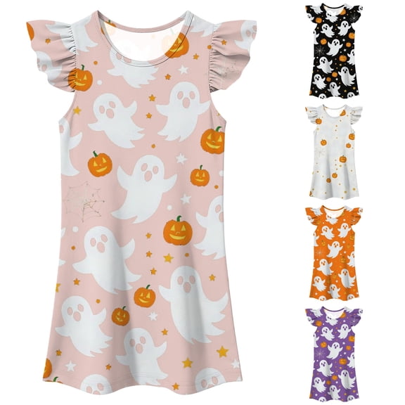 Gunia Little Girls Nightgown Princess Pajamas Halloween Ghost Flutter Sleeve Nightgown Summer Casual Halloween Print Dress Night Gowns Pjs Loungewear Pink 7-8 Years