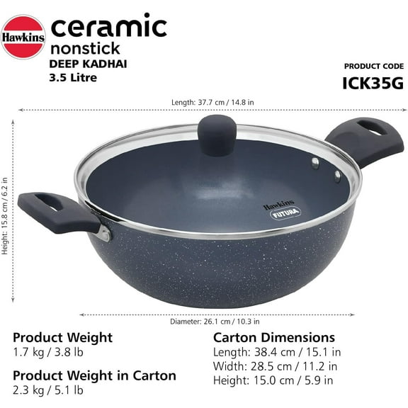 Ceramic Nonstick Deep Kadhai with Glass Lid, Healthy Cooking Pan for Induction