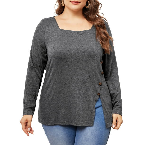 Blusas de túnica casual de manga larga con cuello cuadrado y botones laterales para mujeres de tallas grandes GRACE & GRANDEUR 4X gris