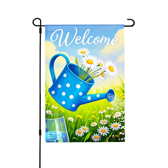 Amhnf Welcome Blue Polka Dot Watering Can With Daisies Garden Flag For Home Outdoor Garden Yard Decor 12x18 inch
