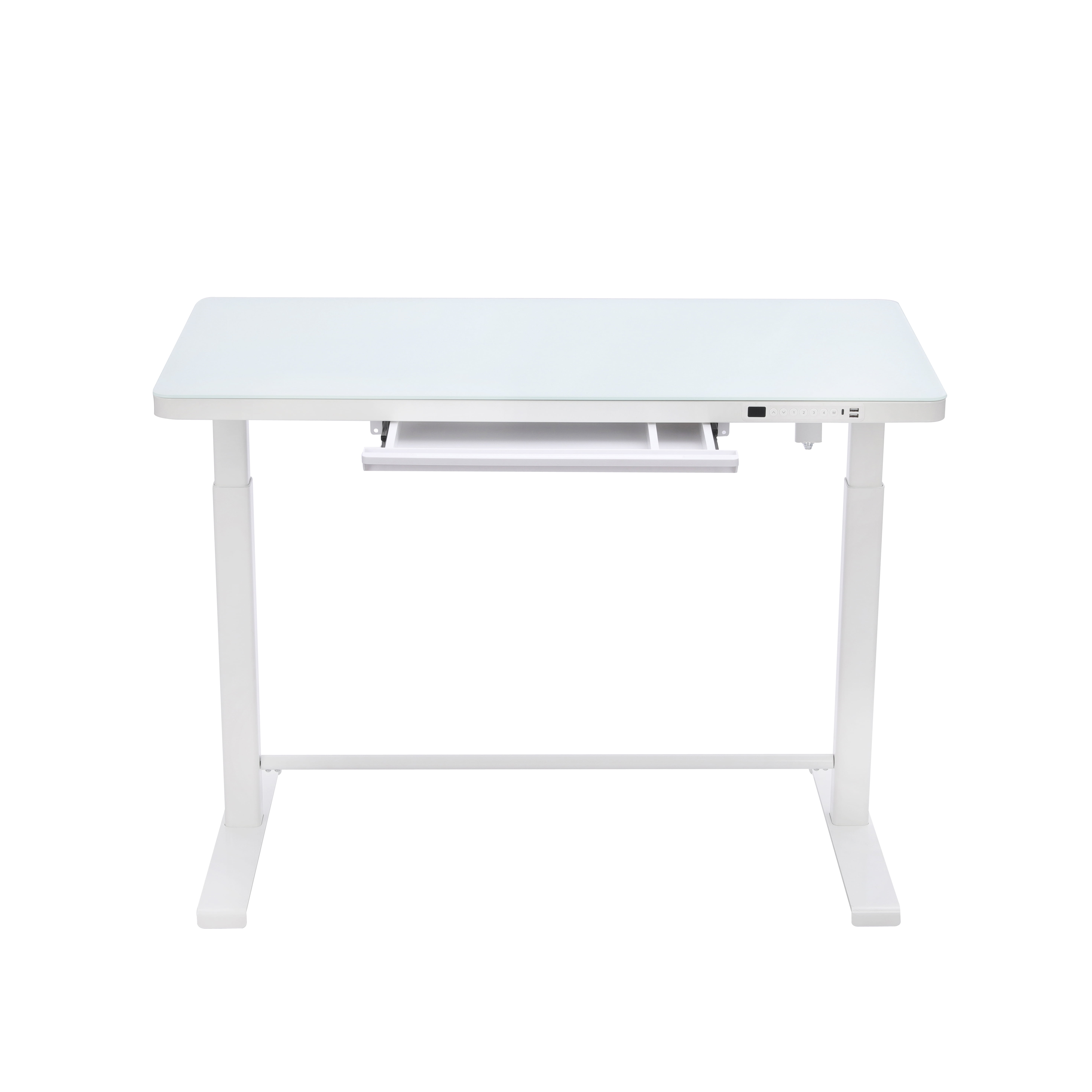 Rise Up Glass Electric Standing Desk | 45" White Glass Top Adjustable Height Sit Stand Desk with USB-C Charging & Memory Controls