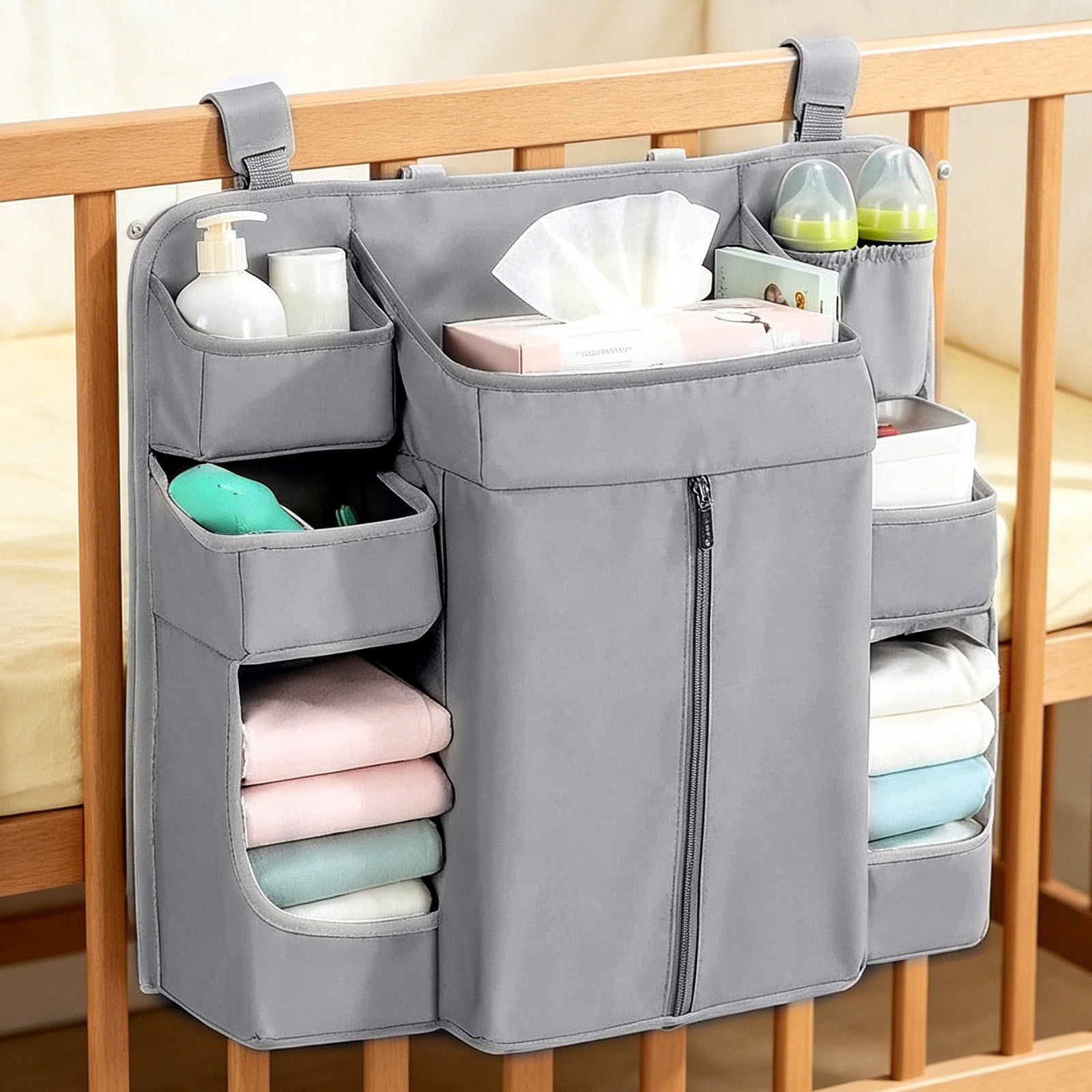 Crib Hanging Storage Bag, Large Capacity Layered Pockets, Waterproof Oxford Fabric, Drill Free Installation, Washable Nursery Organizer for Diaper Storage, Baby Essentials and Bedroom Tidying