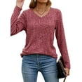 thumbnail image 3 of HUBERY Women Rib Knitted V Neck Long Sleeve Solid Color Pullover Top, 3 of 7