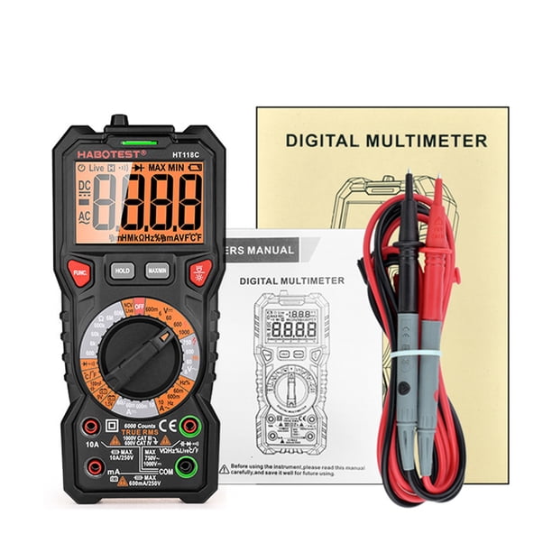HABOTEST Multímetro Non-Contacto Probador de resistencia Retroiluminación LCD Pantalla digital 6000 Cuenta Detector Auto-rango medidor HT118C Noticed TO001424-02B