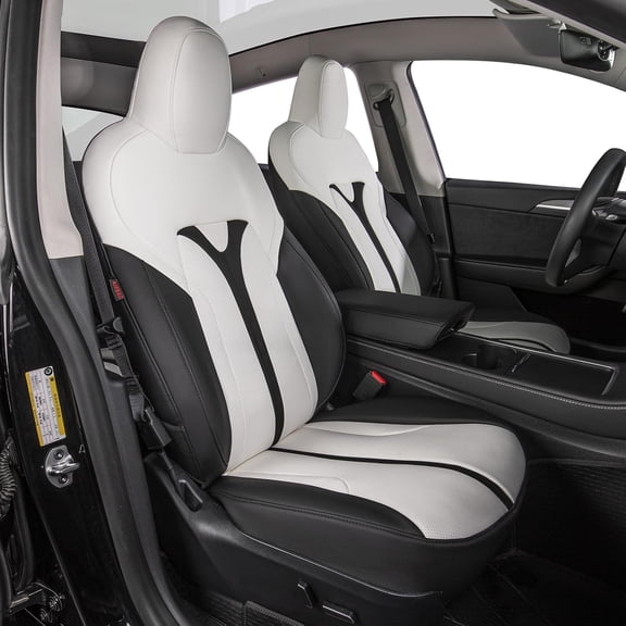 EKR Custom Fit Model Y Car Seat Covers for Tesla Model Y 2020 2021 2022 2023 2024 2025 - Full Set Leather 5-Seater Saver (Black/White)