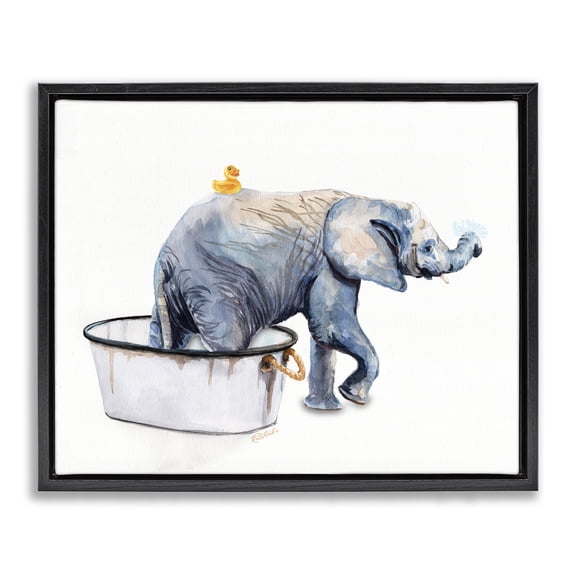 Stupell Industries Elephant & Rubber Duck Bath Animals & Insects Painting Black Floater Framed Canvas Art Print Wall Art, 21 x 17