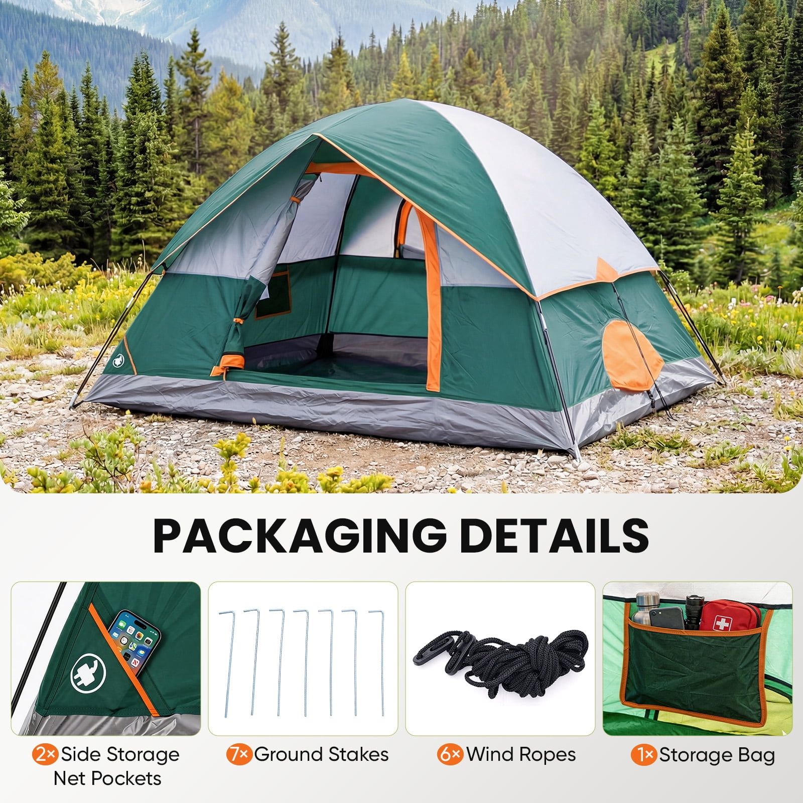 SHOUFTW 4 Person Waterproof Camping Tent with Rainfly, Easy Setup Dome Tent with Mesh Windows & Skylight Vent, Lightweight Portable Tent for Outdoor Camping, Hiking, Festivals & Backyard, Green