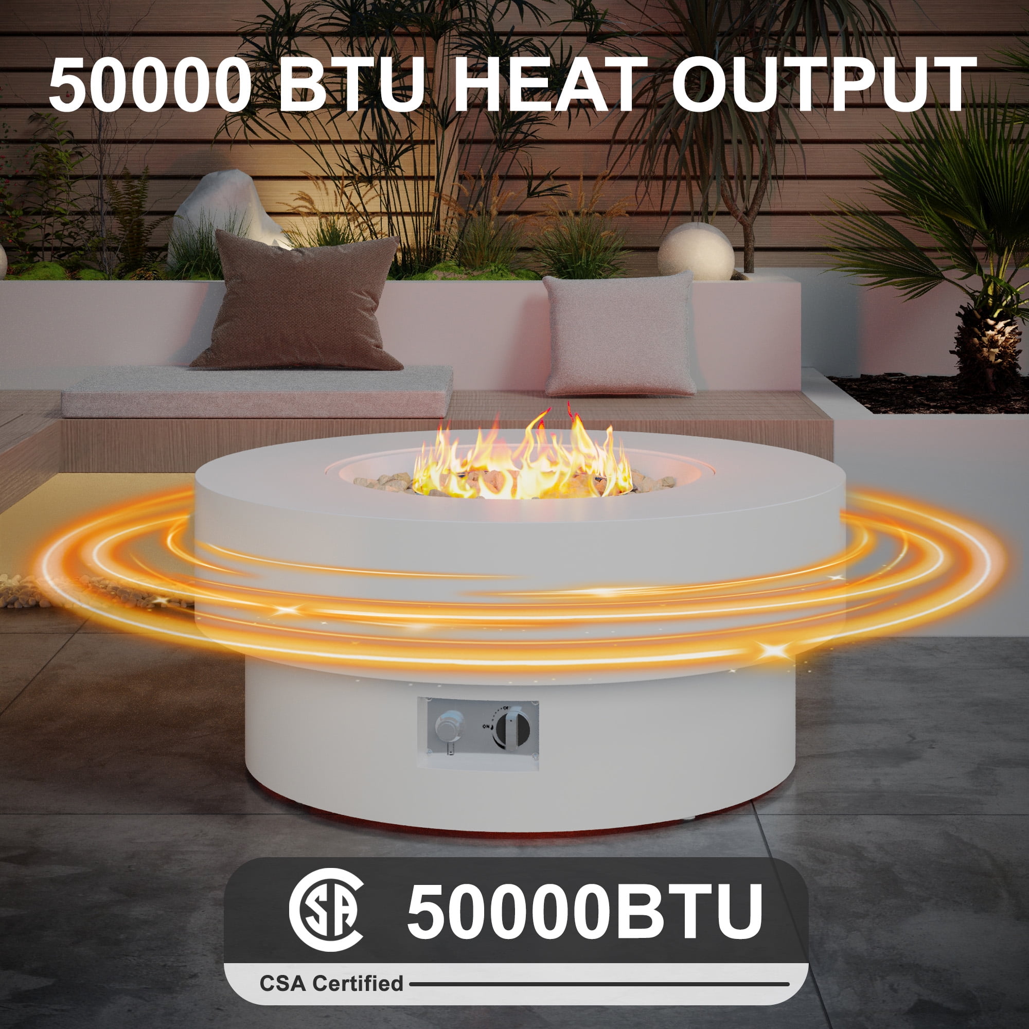 HongTaoK 32.5" Round Propane Fire Pit 50K BTU, Eco-Friendly, Clean Burning with Lava Rock, White