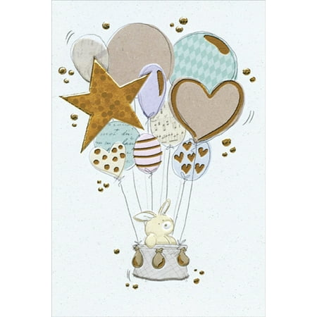 Pictura Stuffed Bunny in Hot Air Balloon Cute New Baby Congratulations Card