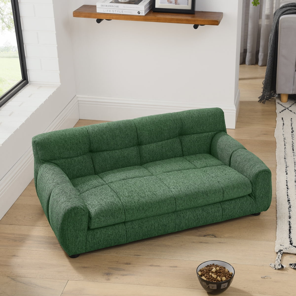 Dog Sofa for Large Dogs, Orthopedic Pet Couch with Backrest and Armrests, Soft Linen Pet Bed for Medium Dogs, Modern Rectangular Pet Furniture, Green