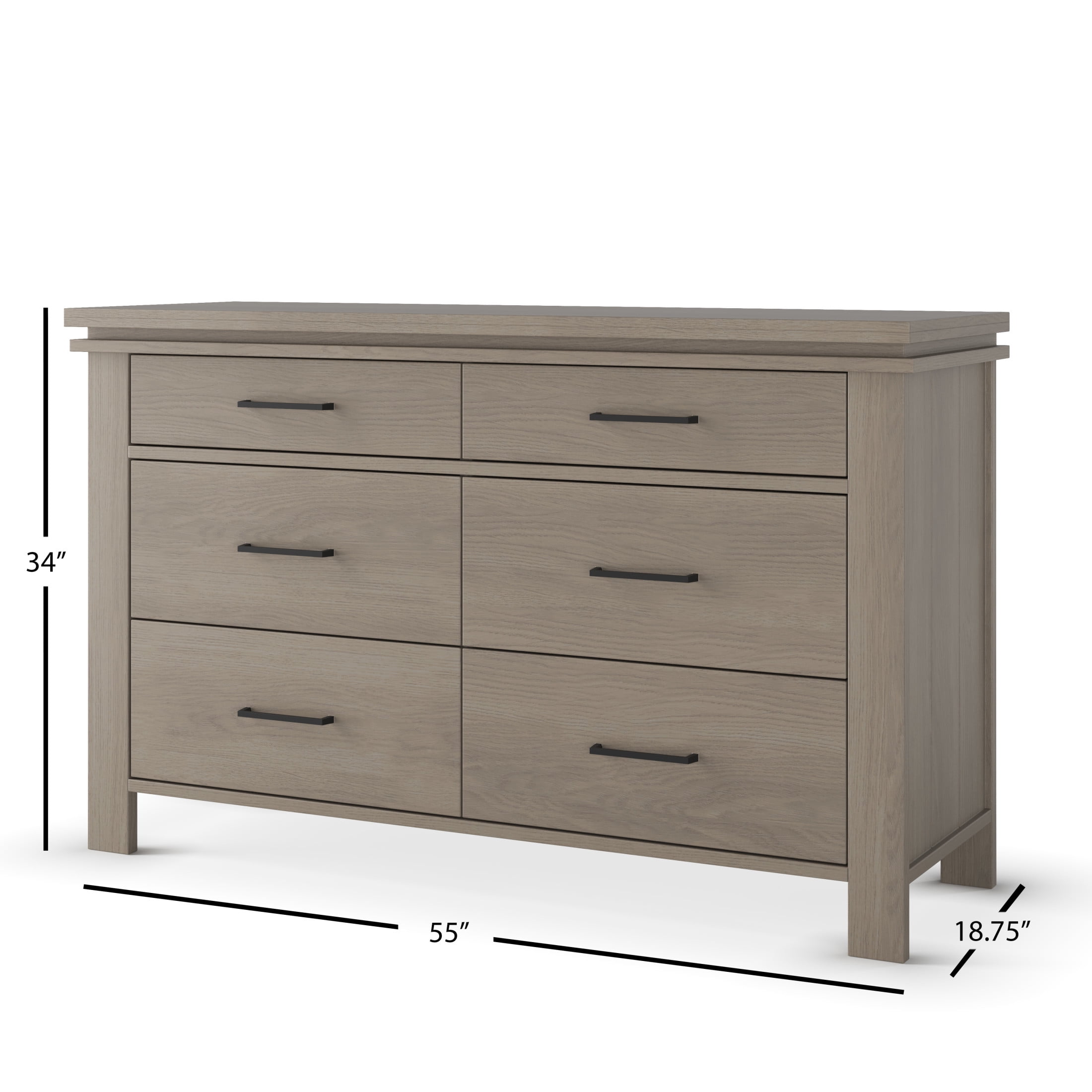 Child Craft Denman 55" Interlocking 6-Drawer Double Dresser for Nursery or Bedroom, Anti-Tip Kit, Crescent Gray