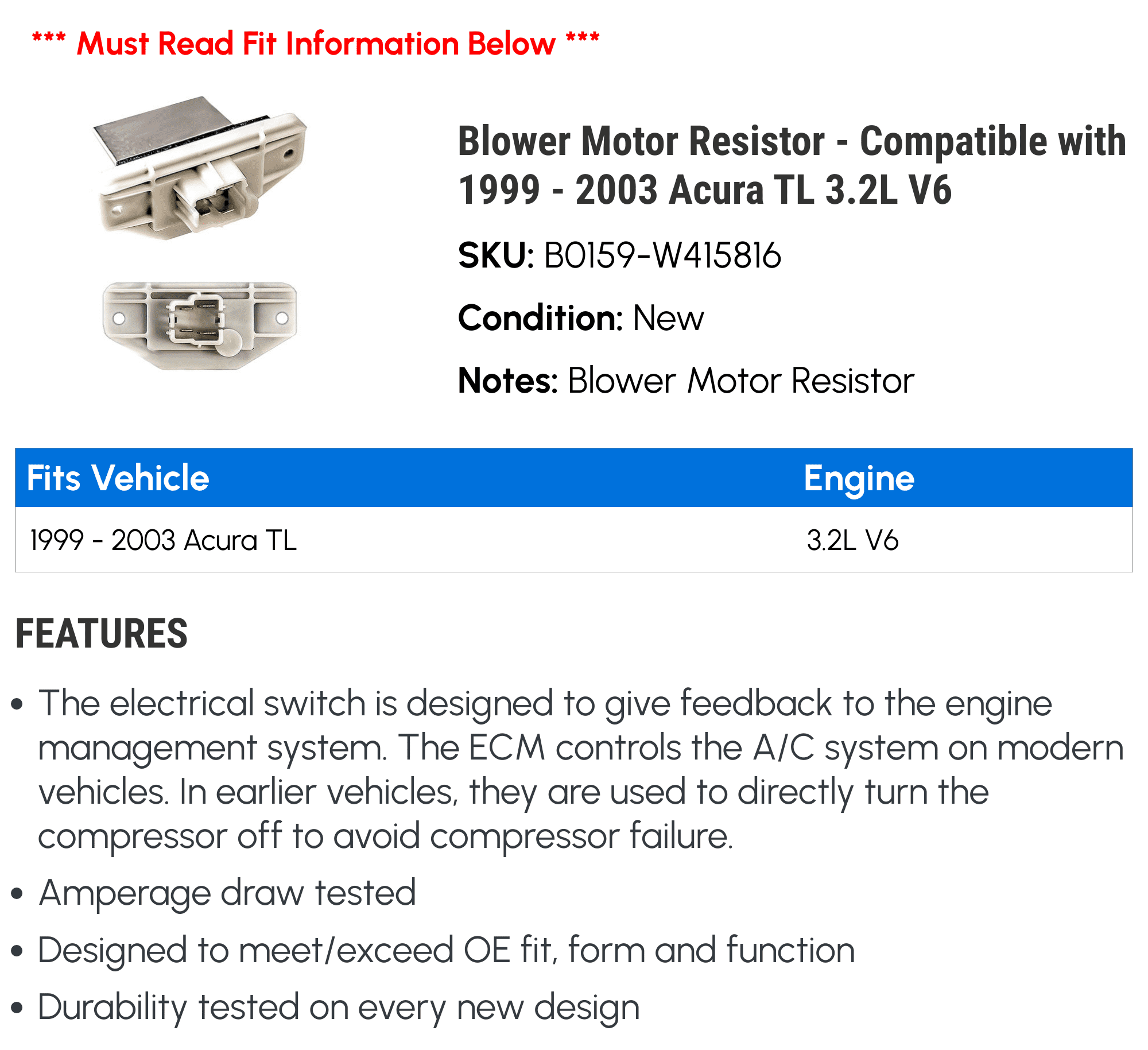 Blower Motor Resistor - Compatible with 1999 - 2003 Acura TL 3.2L V6 2000 2001 2002