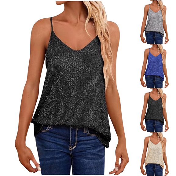 Felirenzacia Women’s Shimmer Sequin Tank Top Sparkly V Neck Sleeveless Blouse, Black,S