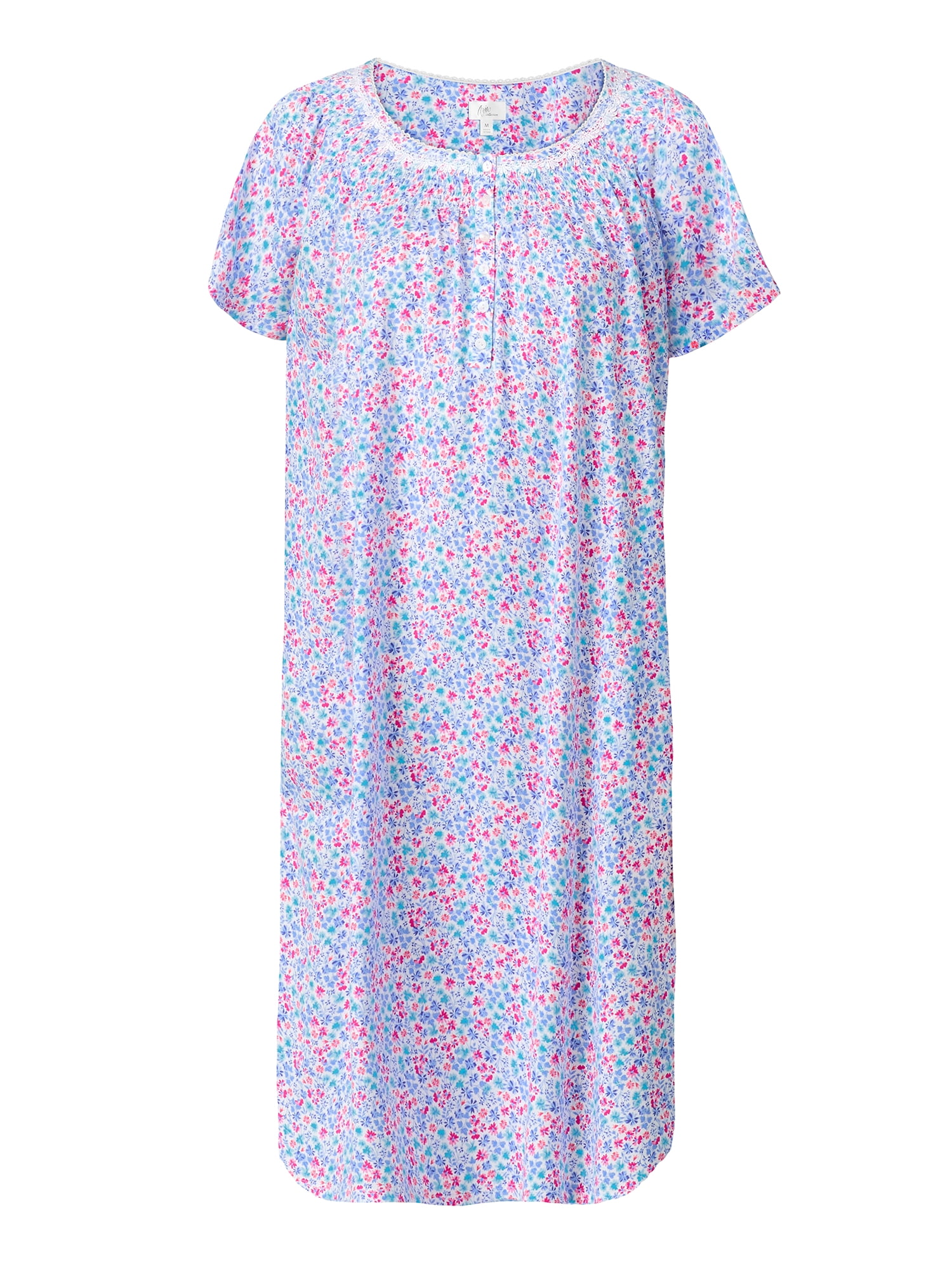 Aria Women's 100% Cotton Raglan Sleeve Smocked Neck 40" Sleepwear Gown, Sizes XS-5X