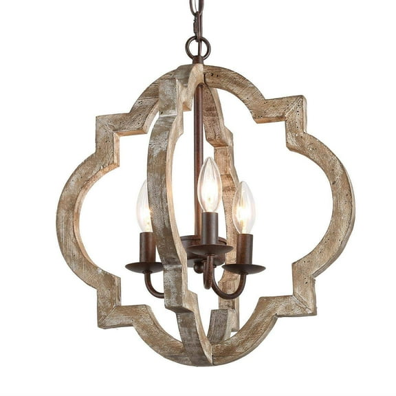 LNC 3-Light Brown Wood and Rust Bronze Farmhouse Globe Chandelier, Vintage Finish