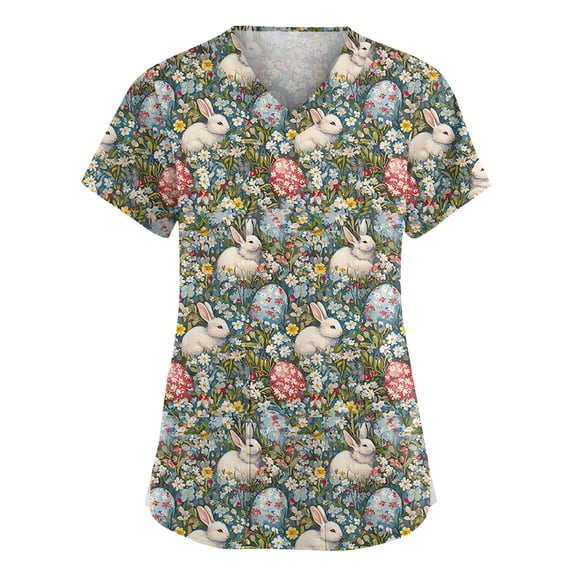 Easter Medical Scrubs Women Bunny Eggs Printed Stretch Fashion Nurse Working Uniform, Cozy V Neck Short Sleeve Pocket Tunic Tops Army Green L