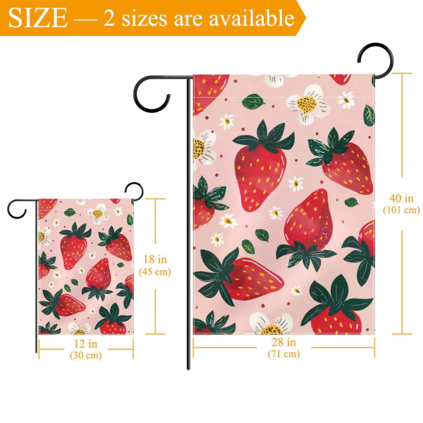 Strawberries and Cute Flower on Pink Background Double Sided Garden Flag Decorative Weather Resistant Yard Flag, Large DIY Vertical Flag for Farmhouse Patio Lawn, 28x40 Inch