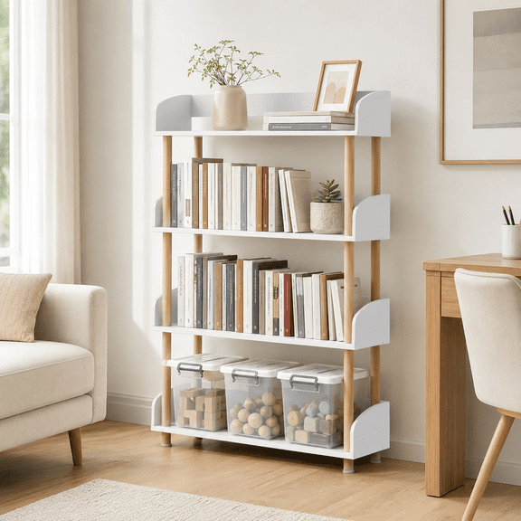 OUTONLIFE 4-Tier Wooden Bookcase, Open Bookcase with Solid Wood Frame, Display Storage Shelf for Living Room, Bedroom, Home Office