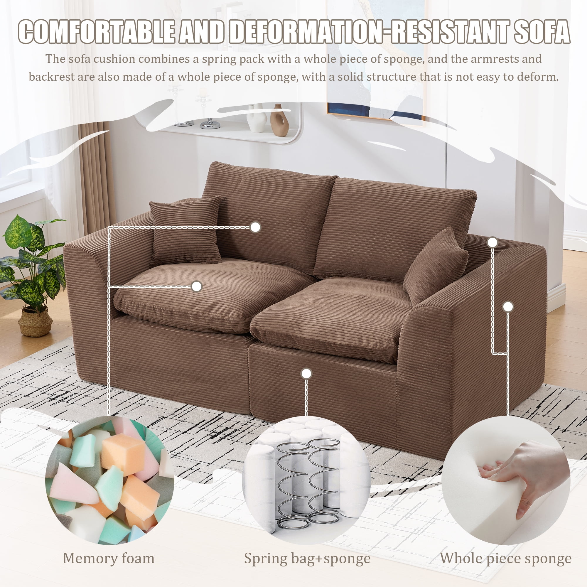 MOONMISS 80.3" Oversized Modular Sofa, Upholstered Corduroy 2 Seat Deep Seat Cloud Couch for Living Room Bedroom, No Assembly Required,Brown