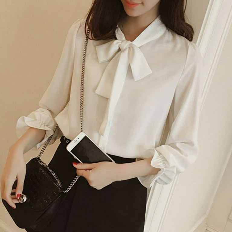 Women's Lantern Long Sleeve Blouse Retro Slim Fit Bowtie Neckline Shirt  Tops Vintage,Casual Office Work Chiffon Blouse Shirts Tops Ruffled Work  Shirt,2-16 White 