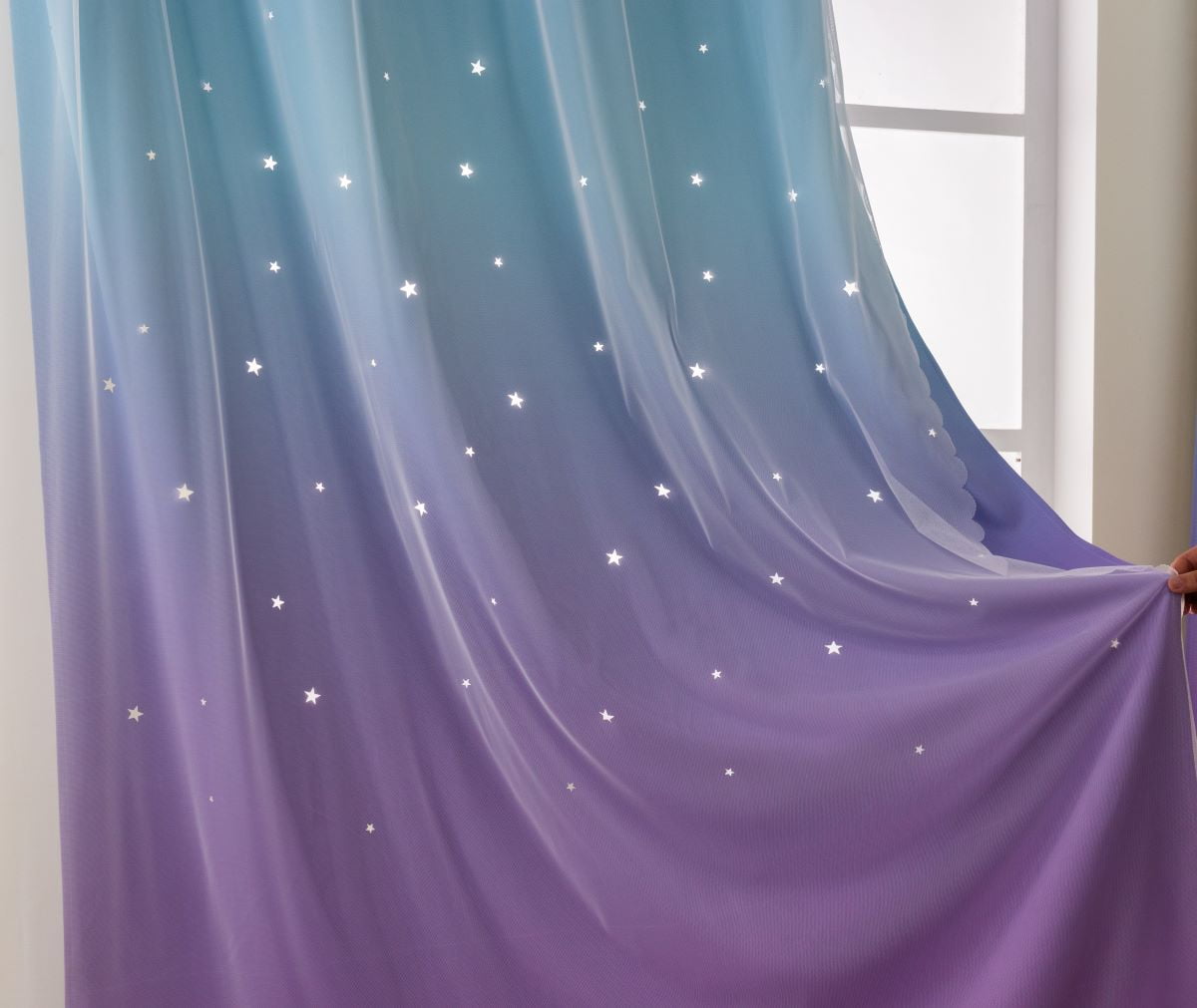 Anjee Blackout Curtains for Kids Girls Bedroom Curtain,Star Curtain Dual Layer Curtains with Sheer 2 Panel Set,52" x 95",Blue Purple