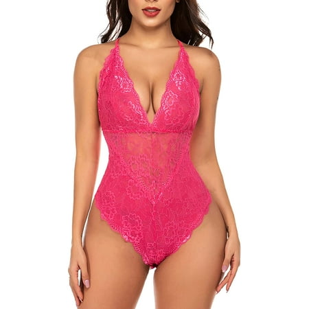 

Avidlove Lingerie For Women Lace Bodysuit Sexy Teddy One Piece Babydoll(Rose red XXL)