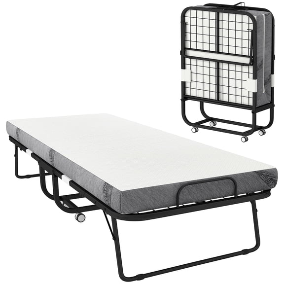 HOMCOM Folding Bed with 4" Mattress, Portable Foldable Guest Bed with Wheels