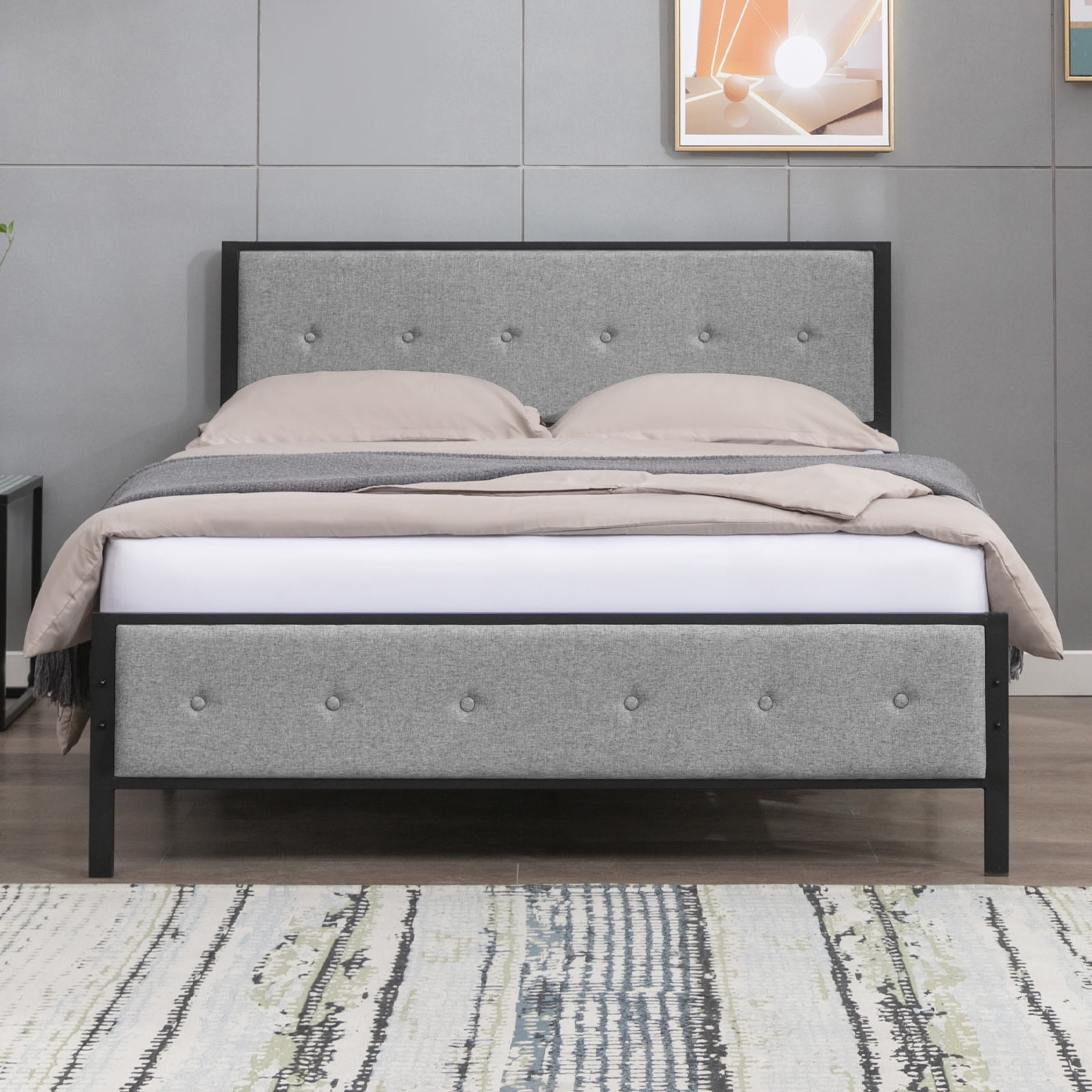 MUZZ King Size Modern Metal Bed Frame with Linen Headboard, Platform