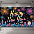 thumbnail image 5 of Colorful Fireworks Happy New Year Banner Golden Clock 2026 New Year Display City Glittering Numbers New Year Eve Backdrop for New Year Celebration 2026 Party Indoor Decoration, 5 of 9