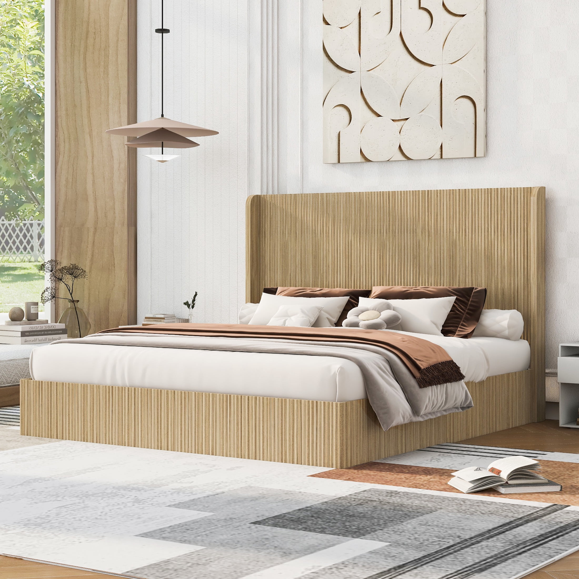 Noble House King Size Platform Bed Frame with Fluted Wingback Headboard, Natural Wood