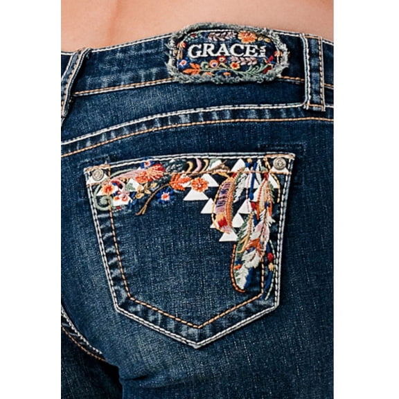 Grace in LA Women's Feather Embroidery Bootcut Stretch Jeans (25, Blue Stonewashed)